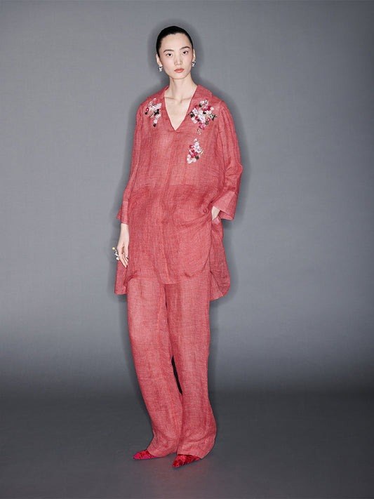 M essential Mackay designer 3D embroidered long shirt pant set - grace.