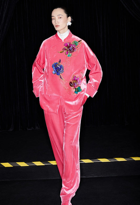 M essential Mackay designer luxury velvet Pink Peach beaded pants jacket - brace.