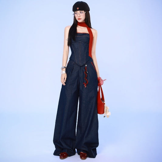 Ins Style 2025 Autumn New Fashion Trendy Denim Bandeau Vest Women Loose Wide Leg Long Pants Set Suit