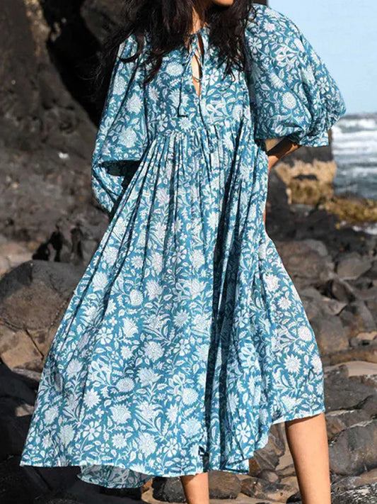 FashionSierra - 2025 Oversized Elegant Floral Printed Fashion Lantern Sleeve Boho Dress