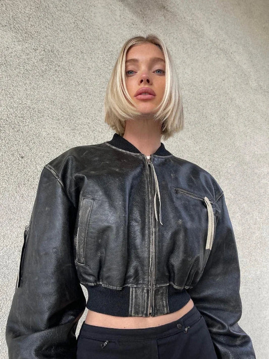 Stylish Short Bomber Leather Jacket Chic Zip Closure Leather Jacket