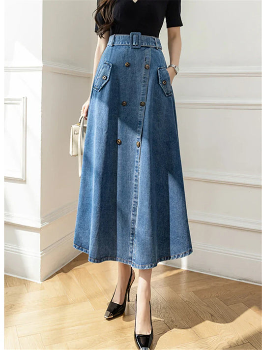 2025 Women's Long Skirt With High Wasit Double Breasted Umbrella Jeans Female Skirt