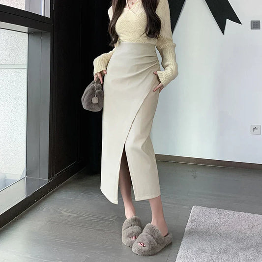 Autumn Front Split Long 2025 New High Waist Classic Office Pleated A-Line Skirt