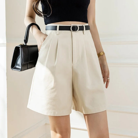 Women 2025 Summer Pockets Solid High Waist Wide Leg Straight Workwear Suit Shorts