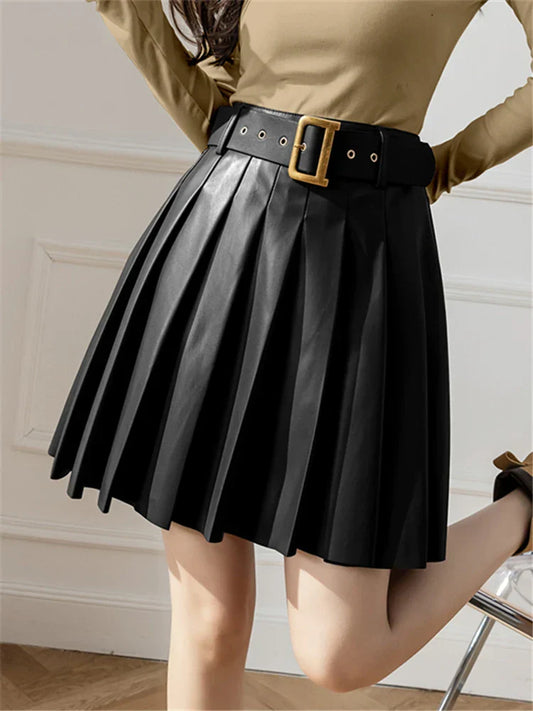 Faux Pleated Women's With Belted 2025 New Sexy Mini Autumn Winter Skirt