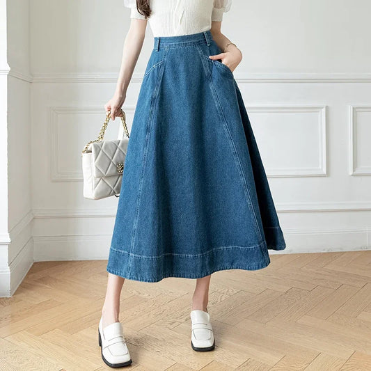 Waist Women's Denim Long A-Line Spring Summer Vintage Cowboy Jeans Umbrella Pockets New Skirt