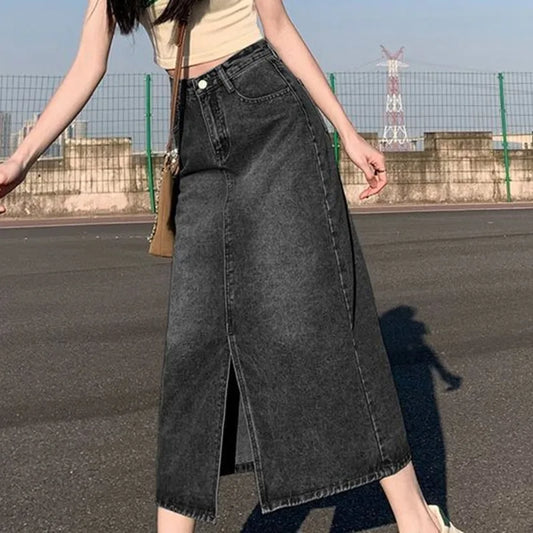 Korean Style Solid Denim High-Waist Long Midi Skirt Bottoml