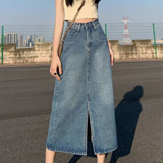 Korean Style Solid Denim High-Waist Long Midi Skirt Bottoml