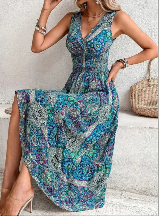 FashionSierra - 2025 Fashion Sleeveless Print Beach Casual Boho Dress