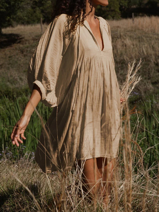 FashionSierra - 2025 Summer Casual Pleated V Neck Lace Up Lantern Sleeve Boho Dress