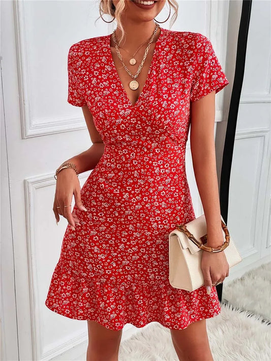 FashionSierra - 2025 Summer Short V-Neck Floral Ladies Mini Boho Dress