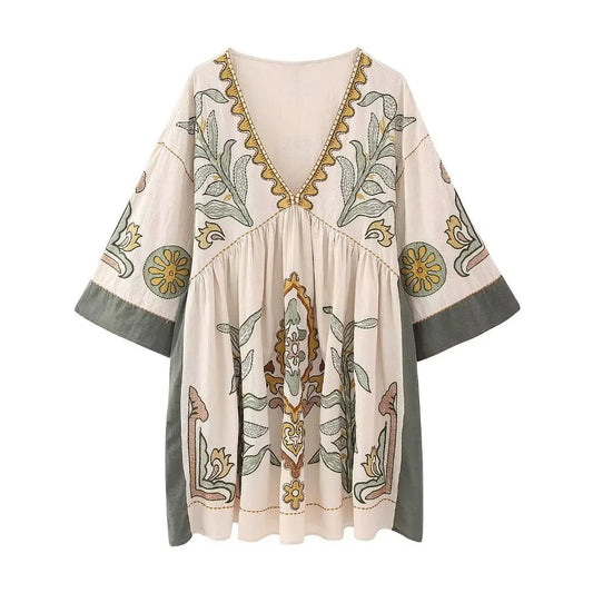 FashionSierra-Linen Cotton  Floral Embroidery  Vintage  O Neck  Loose  A-line  Short  Summer Beach Boho Dress