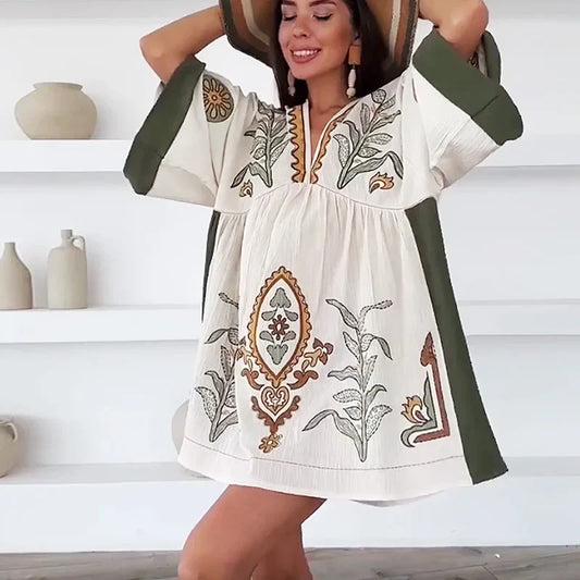 FashionSierra-Linen Cotton  Floral Embroidery  Vintage  O Neck  Loose  A-line  Short  Summer Beach Boho Dress