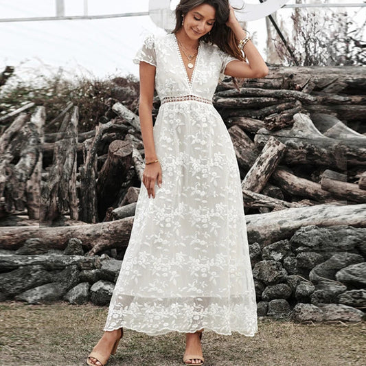 FashionSierra-Vintage Deep V Short Sleeve Casual Floral Embroidery Summer 2025 High Waist Loose Boho Dress
