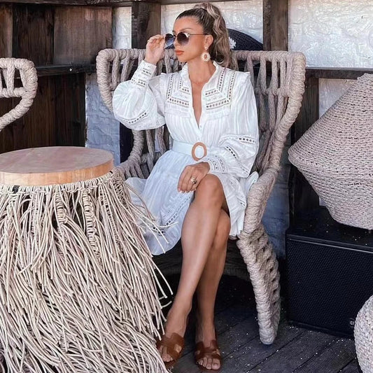 FashionSierra-Vintage  Embroidery  White  Lace  Puff  Long Sleeve  Mini  Autumn  Elegant Boho Dress