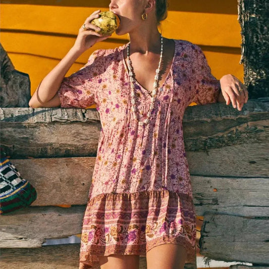 FashionSierra-Pink  Floral Print  Robe  A-line  Mini  Women 2025  Beach  V Neck  Short  Summer  Vintage  Loose  Casual Boho Dress