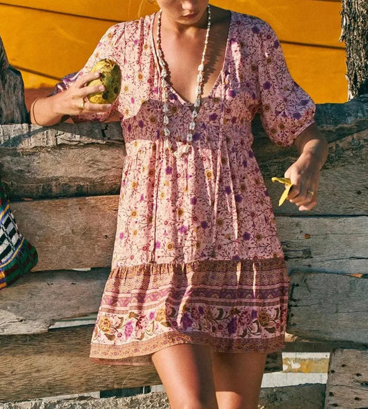 FashionSierra-Pink  Floral Print  Robe  A-line  Mini  Women 2025  Beach  V Neck  Short  Summer  Vintage  Loose  Casual Boho Dress