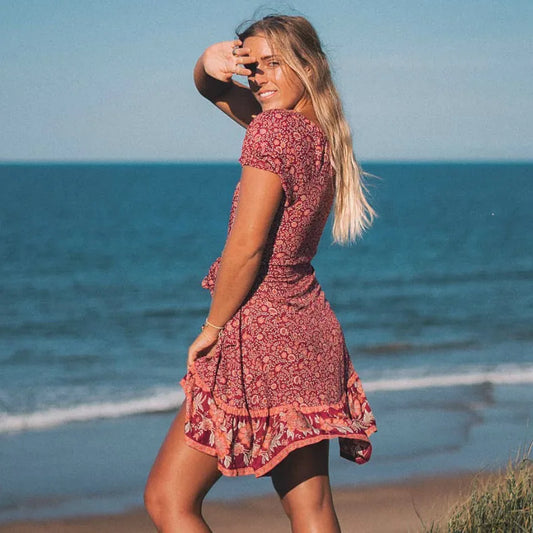 FashionSierra-Puff  Print  Short Sleeve  Mini  Vintage  Red Floral  Beach  Summer  Cotton Boho Dress