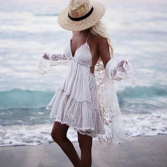 FashionSierra-Sexy  Deep V Neck  Sleeveless  Backless  Mini  Women  Summer  Beach  Lace  Vestidos  2025  Boho Dress