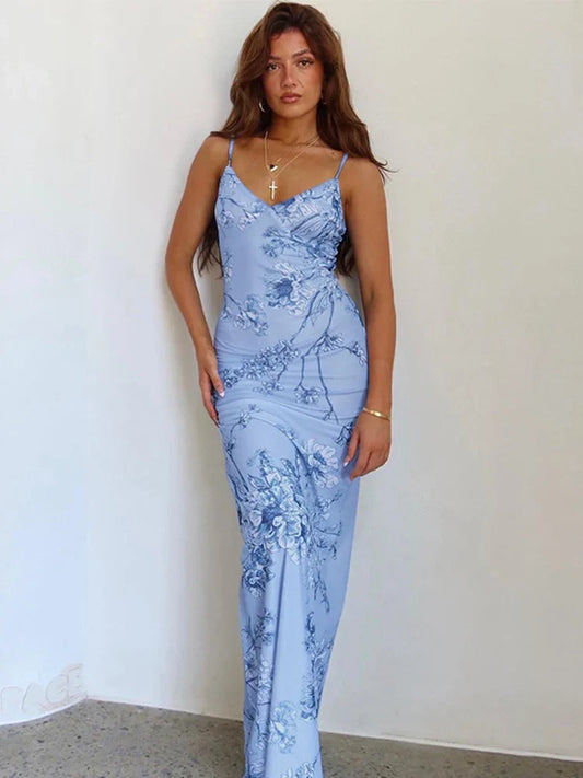 Long Spaghetti Strap Slim Bodycon Backless Nightclub Sexy Summer Maxi Dress