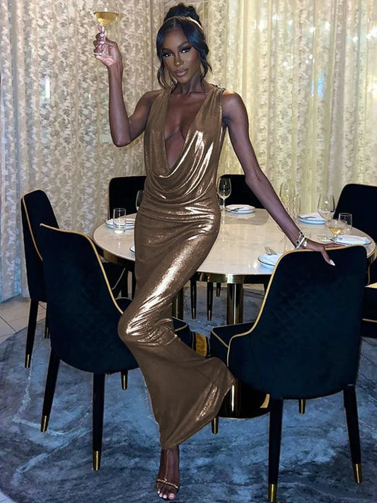 Slim Elegant Deep V Neck Backless Sexy Party Gold 2025 Maxi Dress