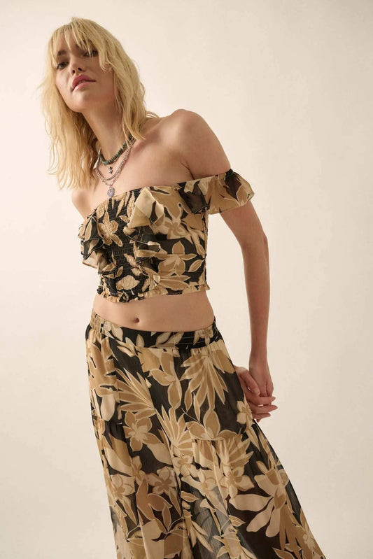 Exotic Tropics Floral Off-Shoulder Ruffle Crop Top