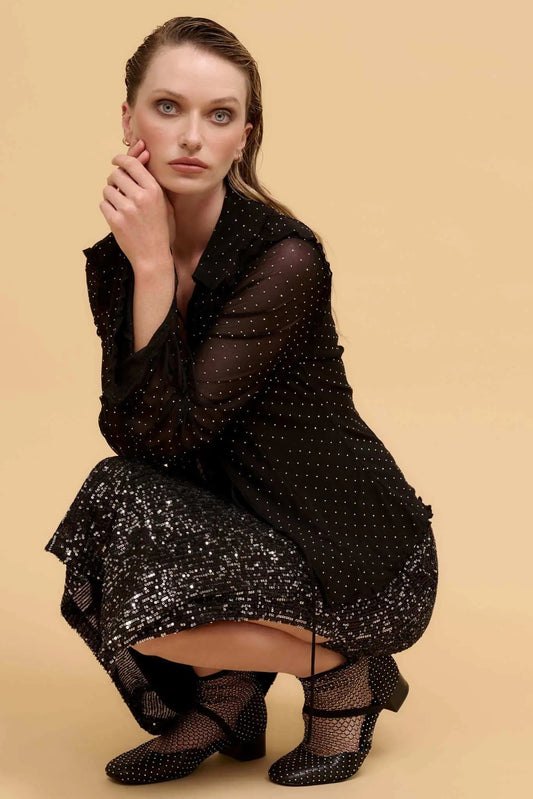 Falling Stars Studded Mesh Tie-Front Top