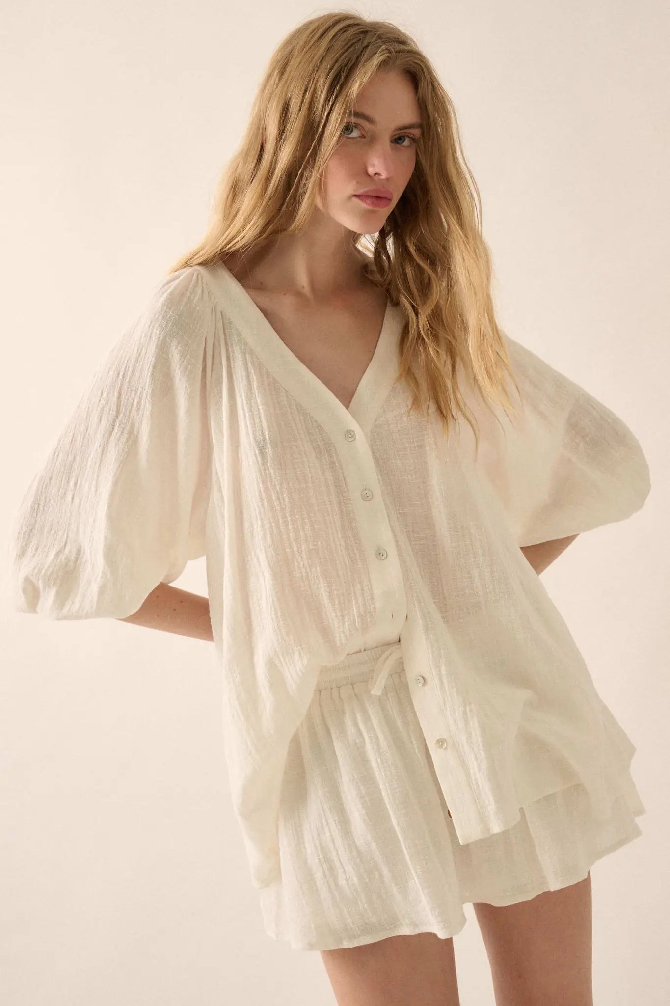 Fresh Feeling Textured Cotton Button-Up Blouse - ShopPromesa
