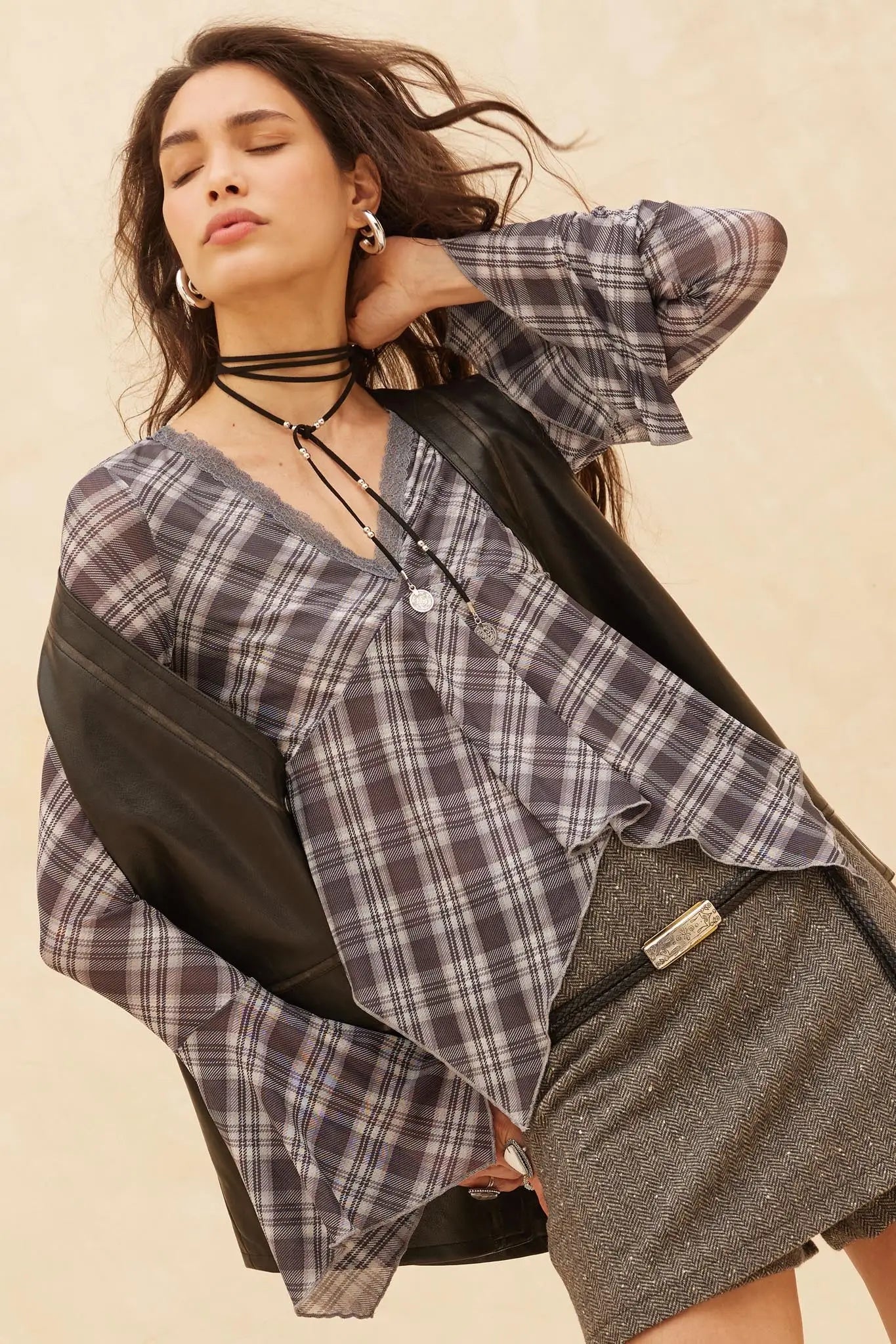 Check You Out Plaid Bell-Sleeve Handkerchief Top - ShopPromesa