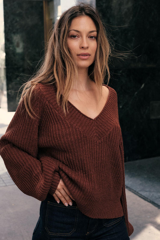 Promise the Label Rib-Knit Wide V-Neck Sweater
