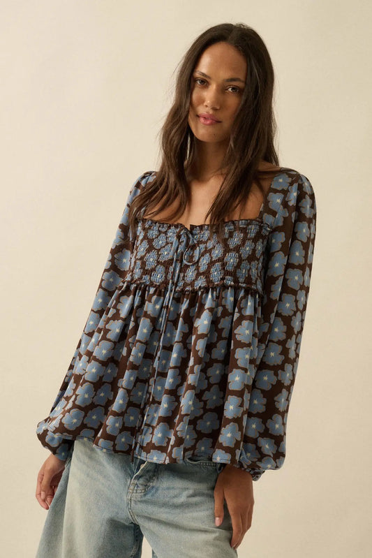 Bygone Blossoms Floral Smocked Babydoll Peasant Top