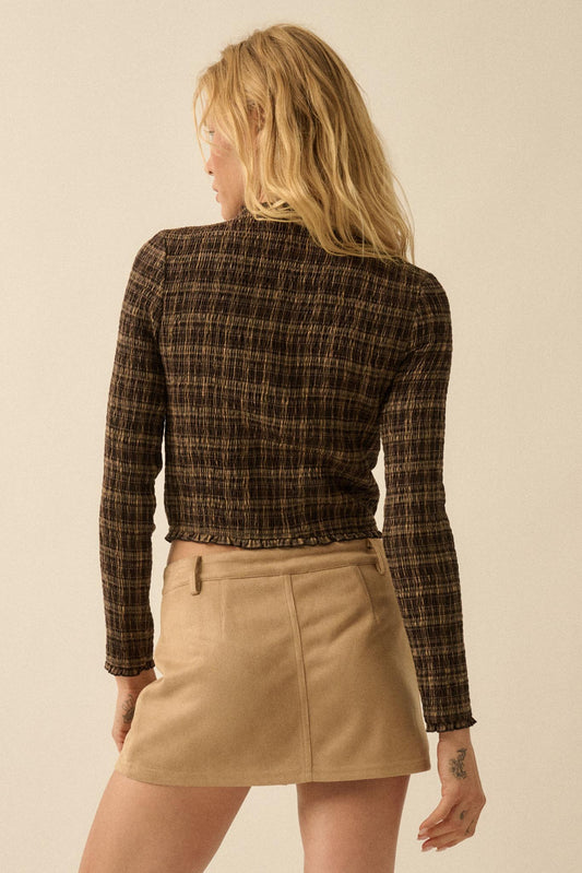 Plaid Day Smocked Plaid Long-Sleeve Crop Top