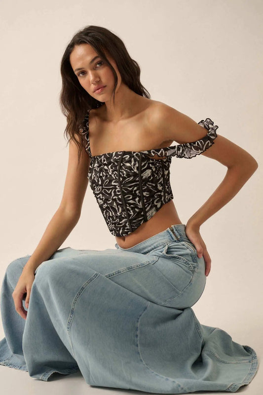 Abstract Blooms Floral-Print Mesh Corset Cami Top