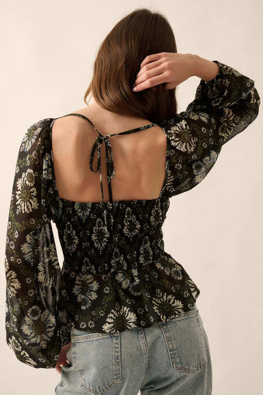 Awakening Beauty Floral Chiffon Peasant Top