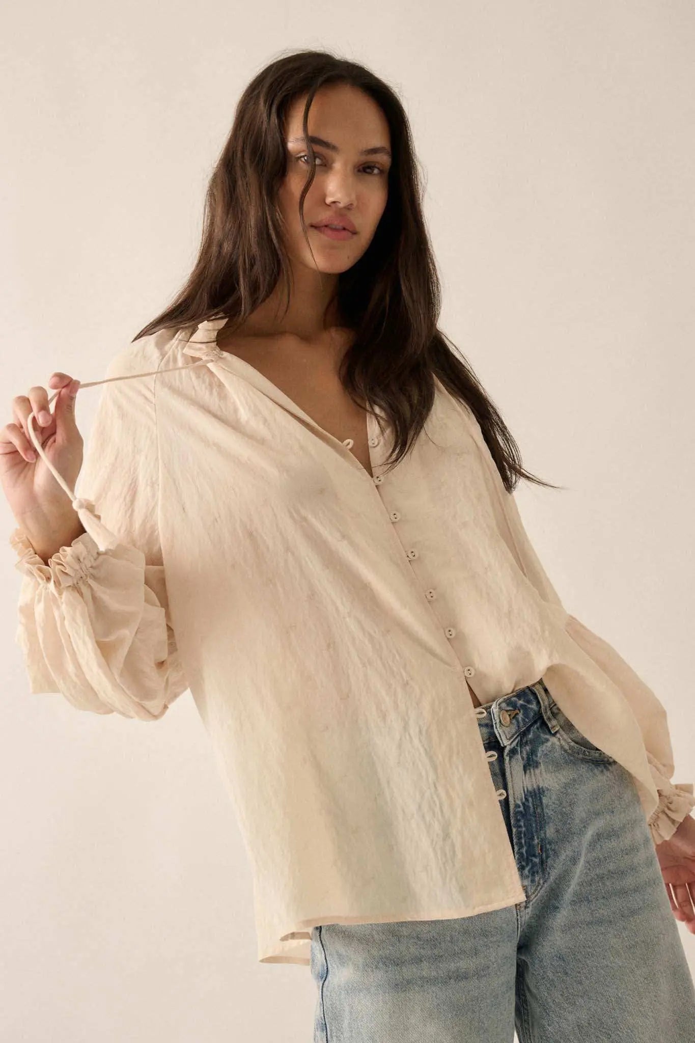 Poetic Soul Buttoned Jacquard Tie-Neck Peasant Top - ShopPromesa