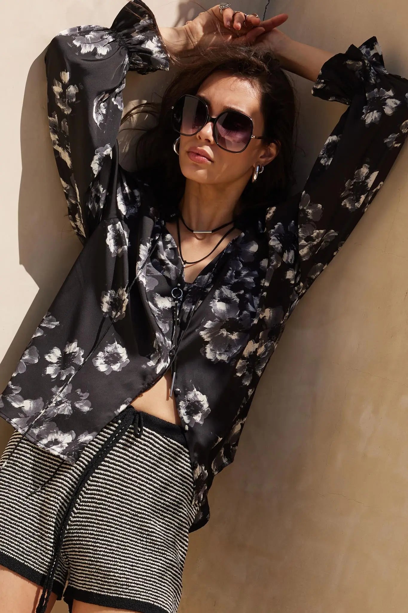 Lush Living Floral Satin Button-Up Peasant Top - ShopPromesa