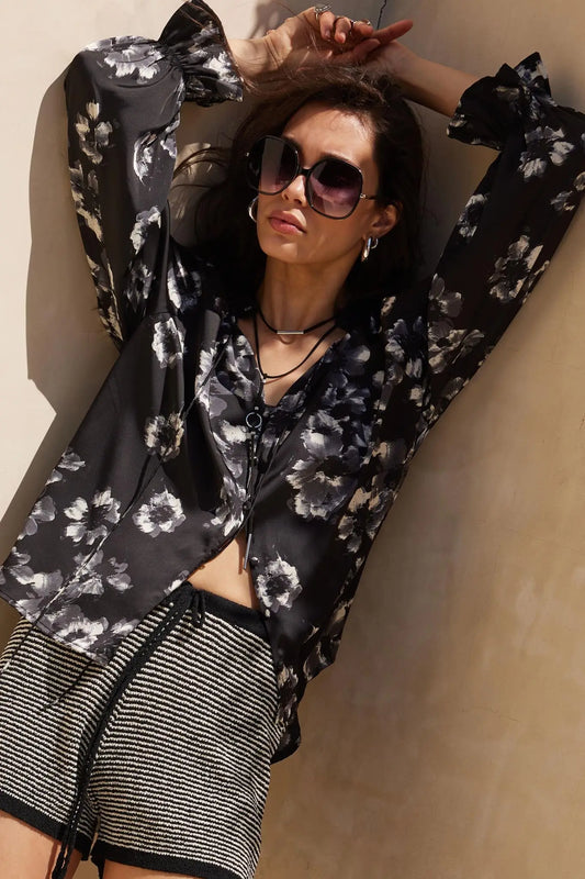 Lush Living Floral Satin Button-Up Peasant Top - ShopPromesa