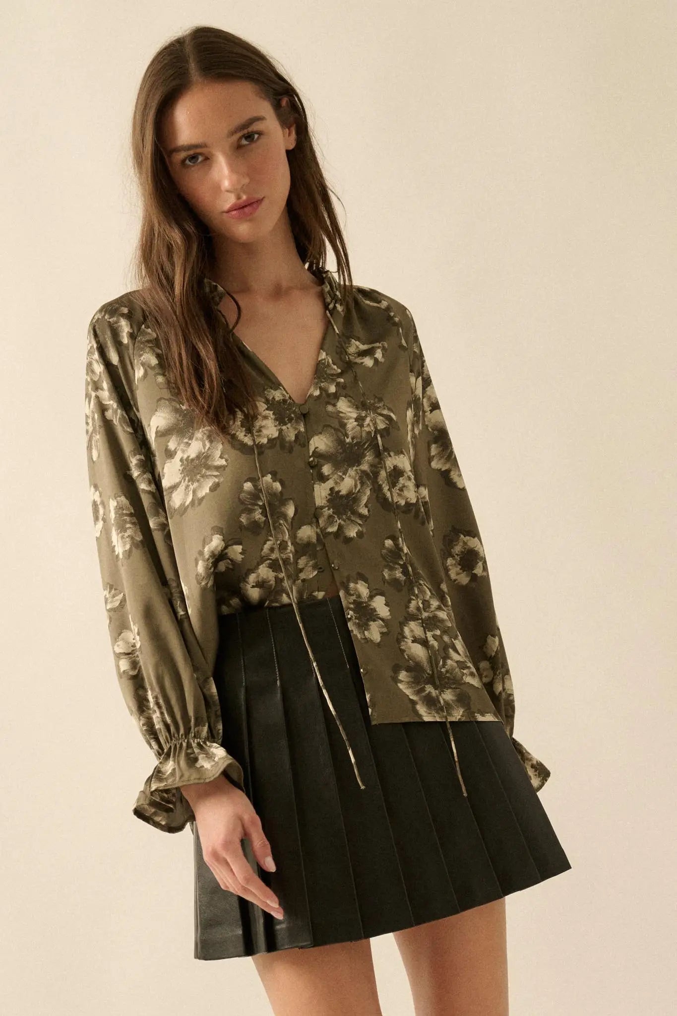 Lush Living Floral Satin Button-Up Peasant Top - ShopPromesa