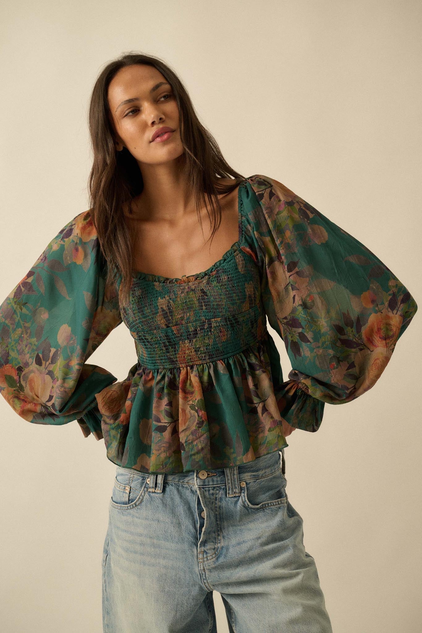 Roaming Blooms Smocked Floral Ruffle Peasant Top - ShopPromesa