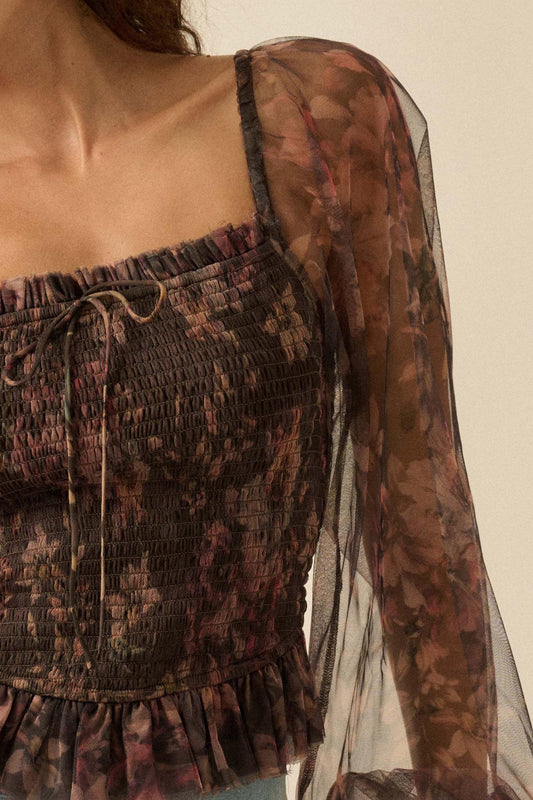 Bohemian Bliss Smocked Floral Tulle Peasant Top
