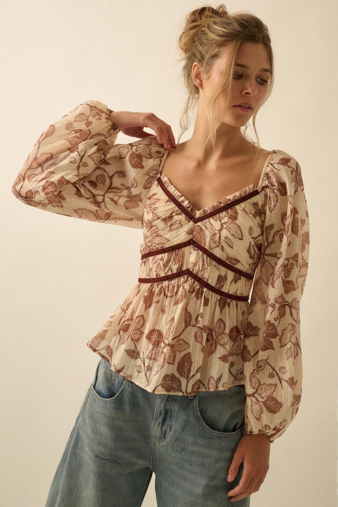 Strong Roots Floral Crepe Velvet-Trim Peasant Top - ShopPromesa