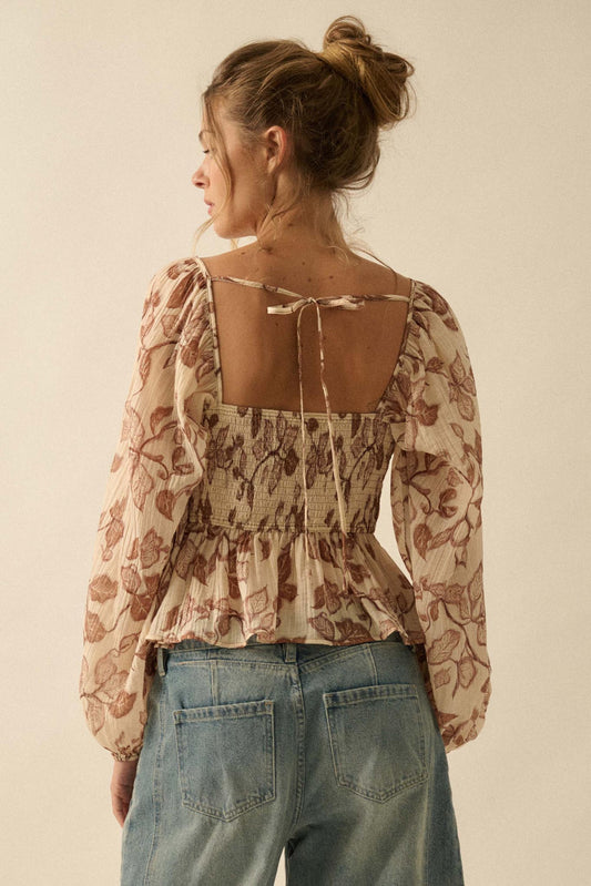 Strong Roots Floral Crepe Velvet-Trim Peasant Top