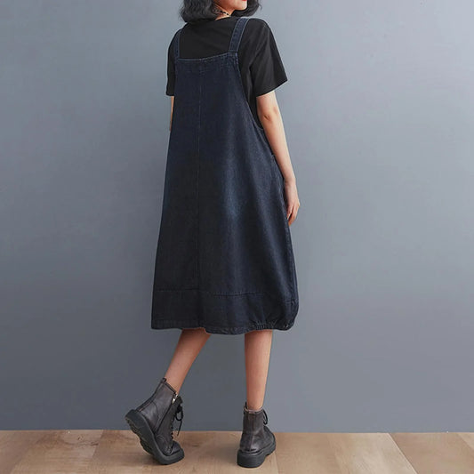FashionSierra - Vintage Sleeveless A-Line Denim Summer Blue Jeans Korean Style Oversized Loose Pockets Overalls Women Dress