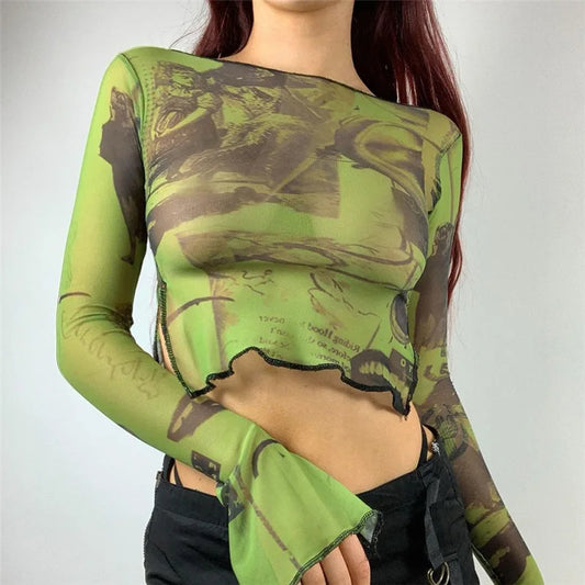 Vintage Mesh Sleeve Y2K Print Slim Fit Crop Top Streetwear Crop Top