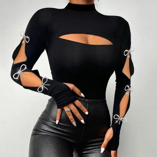 Woman Blouse Mock Neck Square Collar Slim Fit Hollow Out Lace Pullover Blouse