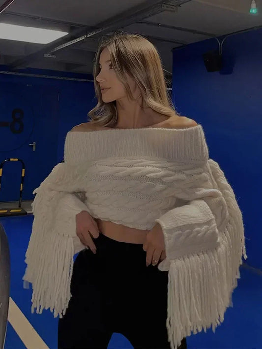 Women Chic Off Shoulder Tassel Pullover Sexy Slash Neck Long Sleeve Sweater
