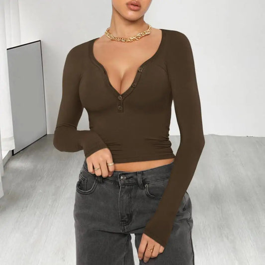 Women V Neck Long Sleeve Slim Button Neckline Crop Top