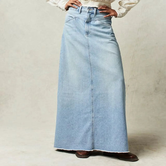Trendy Buttoned Denim Hip Wrap Long Skirt Bottom