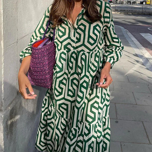 FashionSierra - 2025 Vintage Print Turn-down Collar Long Sleeve Maxi Boho Dress