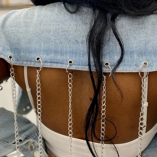 Short Jacket Top Long Sleeve Halter Chain Summer 2025 Streetwear Light Blue Ripped Denim Coat